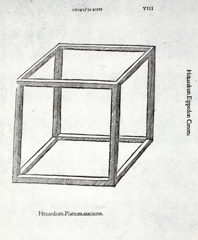 Hexaedron düzlem vakum, Luca Pacioli (c.1445-1517) tarafından 'İlahi Oran'dan çizim, orijinal yayın. Venedik, 1509 by Leonardo da Vinci