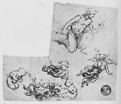 Diz çökmüş Gençlik ve Putti, c1480 1945 by Leonardo da Vinci