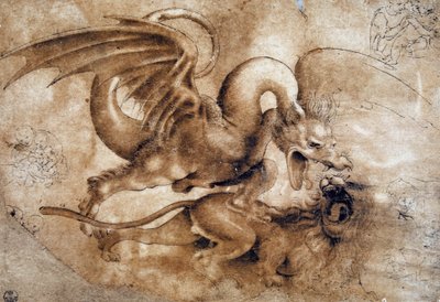 Leonardo da Vinci (Leonardo da Vinci) (1452 - 1519): Bir aslan ve bir ejderha arasındaki savaş, GDSU 435 E (Hayal edin) by Leonardo da Vinci