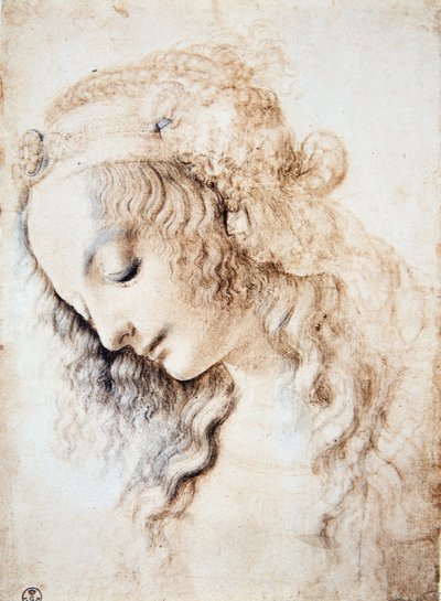 Leonardo da Vinci (Leonardo da Vinci) (1452 - 1519): Mücevherlerle zenginleştirilmiş bir bantla süslenmiş saçları kapalı ve başı aşağıda olan bir kızın portresi (Immagina) by Leonardo da Vinci
