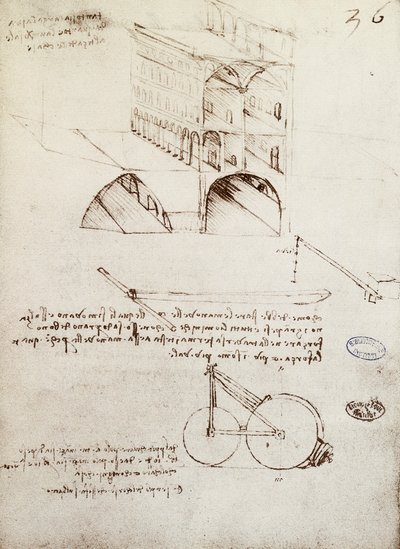 El Yazması B, f 36 r Sokakları yükseltilmiş şehirdeki binaların mimari çalışmaları, gelişimi ve bölümleri (kağıt üzerine kalem ve mürekkep) by Leonardo da Vinci