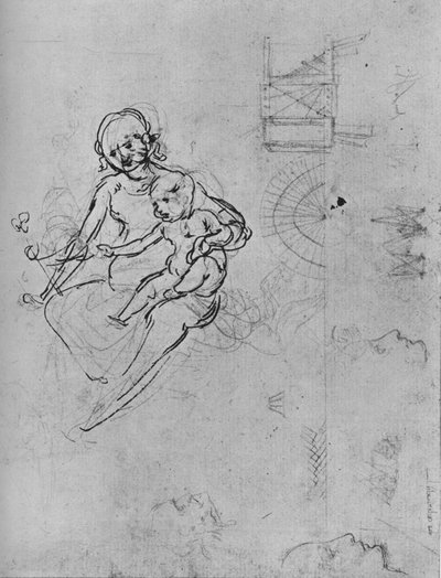 Bir Madonna ve Çocuk Çalışması, Profiller ve Makineler, 1478-1480 1945. by Leonardo da Vinci