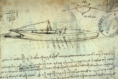 Leonard de Vinci (Leonardo da Vinci) (1452 - 1519) tarafından bir dizi kürekle donatılmış tekne çalışması. Kalem ve mürekkeple çizim. El yazması. Institut de France Kütüphanesi. Paris. by Leonardo da Vinci