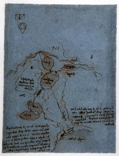Leonard de Vinci (Leonardo da Vinci) (1452 - 1519) tarafından hidrolik makinelerde (noria) su gücünün kullanılması üzerine çalışma. Kalem ve mürekkeple çizim. by Leonardo da Vinci