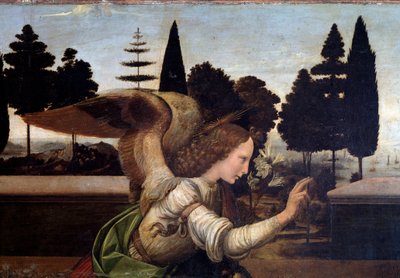 Müjde, Melek detayı - ahşap üzerine yağ by Leonardo da Vinci