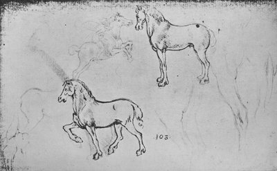 İki At Çalışması, Biri Dörtnala Atlı Süvari ve Diğerleri At Bacakları, c1480 1945 by Leonardo da Vinci