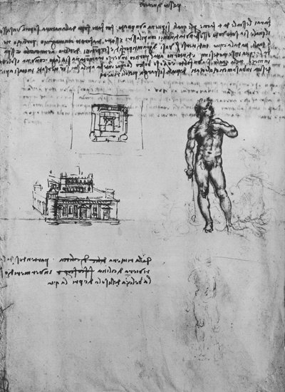 Bir Çıplak Figürün İki Çalışması ve Bir Binanın Görünümü ve Planı, c1480 1945 by Leonardo da Vinci
