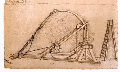 Savaş makinesi: Leonard de Vinci (Leonardo da Vinci) (1452 - 1519) tarafından mancınık çalışması. by Leonardo da Vinci