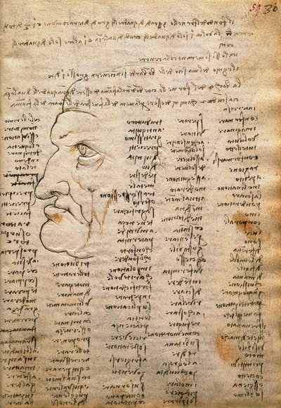 Codex Trivulzianus'tan kelime listesi ve erkek profili by Leonardo da Vinci
