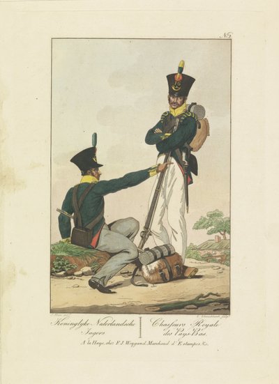 İki Avcı, 1814-1818 Koninglyke Nederlandsche Jagers / Chasseurs Royale des Pays-Bas (nesne üzerindeki başlık) Yedi tek tip performans 1814-1818 (seri başlığı) by Leonardus Schweickhardt