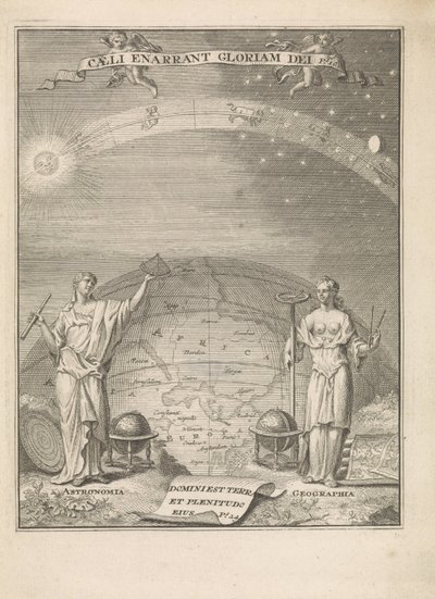 Astronomi ve Coğrafya, ölçüm aletleri ile Caeli anarrant gloriam dei Ps.10 (nesne üzerindeki başlık) Başlık sayfası: 't Werkstellige der sterre-konst by Leonardus Valck