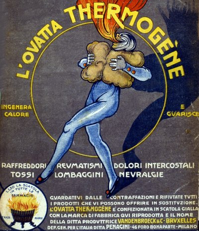 Soğuk algınlığı, iç ağrılar, romatizma, öksürük, nevralji ve bel ağrılarını tedavi eden termojenik pamuk yünü reklamı. L. Cappiello (1875 - 1942) İtalya, 20. yüzyıl çizimi. by Leonetto Cappiello