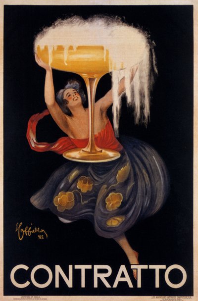Köpüklü şarap “" Contratto "” için reklam afişi: küçük bir peri, büyük bir bardağı kaldıran bir elf. Leonetto Cappiello