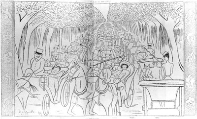 Stage, Music Hall and Opera stars of the Belle Epoque era, driving in the Bois de Boulogne, Avenue des Acacias, Paris, humorous caricature from 