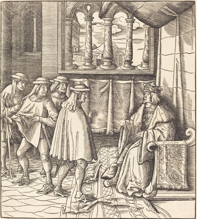 Taht Üzerinde Bir Kral, Önünde Dört Adam by Leonhard Beck