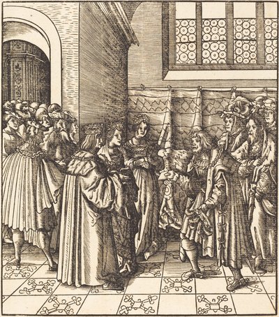 Kralın Önünde Bir Elçilik, Yanında İki Kadın Ayakta by Leonhard Beck