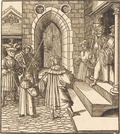 Sağda Bir Kalenin Avlusunda Üç Adam ve Bir Çocuk Merdivende Üç Adam by Leonhard Beck