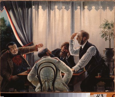 Kart oyunu. (Dört adam oynamak için bir masanın etrafında toplanır, ikisi birbirine bağırır, diğer ikisi bekler). Leonid İvanoviç Solomatkin (1837-1883), tuval üzerine yağlı boya tablosu. Rus sanatı by Leonid Ivanovich Solomatkin