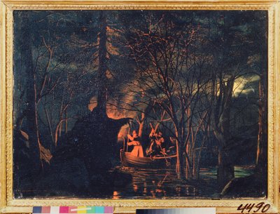 Gece mızrak balıkçılığı. Leonid Ivanovich Solomatkin (1837-1883), tuval üzerine yağlı boya tablosu by Leonid Ivanovich Solomatkin