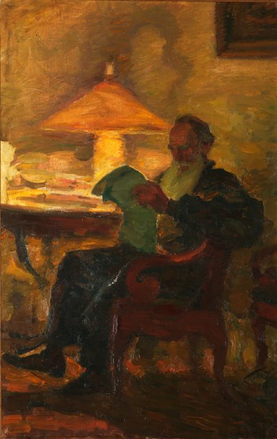 Leo Tolstoy bir gazeteyle, 1901 by Leonid Osipovic Pasternak