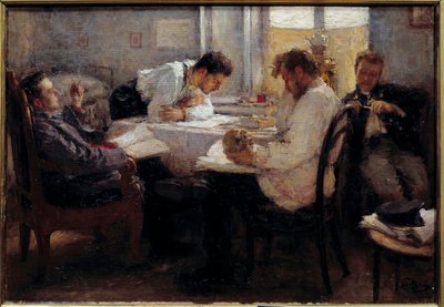 Sınav arifesinde Öğrenciler sınavları gözden geçirirler. Leonid Osipovich Pasternac'ın (1862-1945) 1895 Güneş tablosu. 0,39x0,55 m Paris, musee d'Orsay Dikkat! Bu çalışmanın kullanımı, bir üçüncü taraf yetkilendirme talebine veya ek ücretlere tabi  by Leonid Osipovic Pasternak