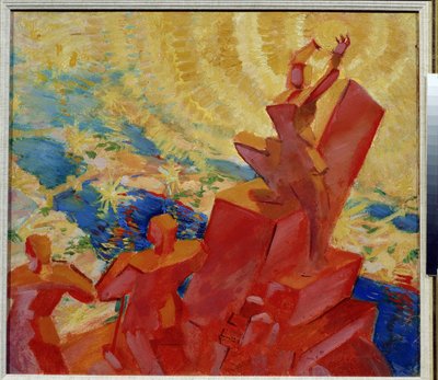 Güneşte (Güneşe). Güneşi elinde tutan figürlerden biriyle renkli manzara. Leonid Terentlevich Chupyatov'un (1890-1941) tablosu. Tuval üzerine yağlıboya by Leonid Terentlevich Chupyatov