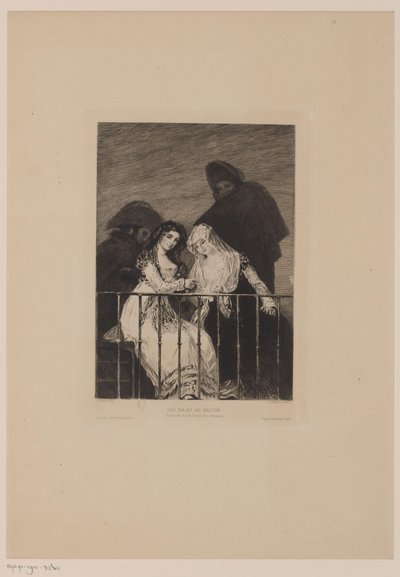 Arkalarında gölgede iki erkek olan iki kadın Les majas au balkon (nesne üzerindeki başlık) by Leopold Flameng