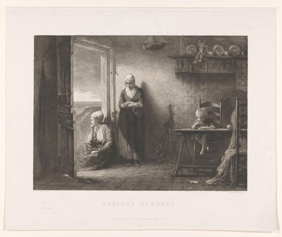 Kum tepelerinde bir balıkçı evinde iki kadın ve bir çocuk Fırtınadan sonra Endişeli Anlar (nesne üzerindeki başlık) by Leopold Lowenstam