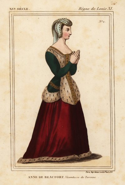 Anne Rogier de Beaufort, Vickontes de Turenne 1435-1479. Roger de Gaignieres#39;in portfolyosu VI 11#39;de, Le Bibliophile Jacob, namı diğer Paul Lacroix#39;nin Kostümleri Historiqu#39;ünde, Cordelieres de Nantes kilisesindeki paslanmaz cam pencerenin ardı by Leopold Massard