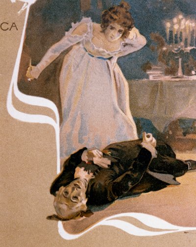 Leopoldo Metlicovitz (1868-1944) tarafından resmedilen ve Tosca'dan sahneleri gösteren kartpostal, Giacomo Puccini'nin operası (1858-1924) by Leopoldo Metlicovitz