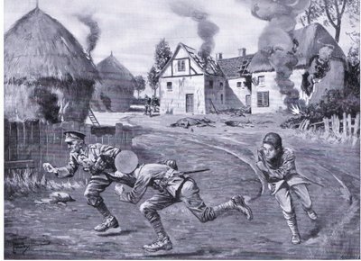 Çavuş Cooper ve iki yoldaş, bir çiftlik evini ve birkaç tuğlayı (DCM) ateşe verdikten sonra düşman ateşi altında hızla uzaklaşıyorlar. by Leslie Mosley
