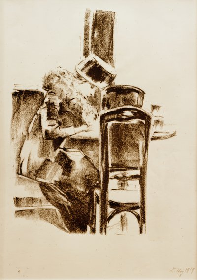 Kafede şapkalı ve boalı bayan yazma by Lesser Ury