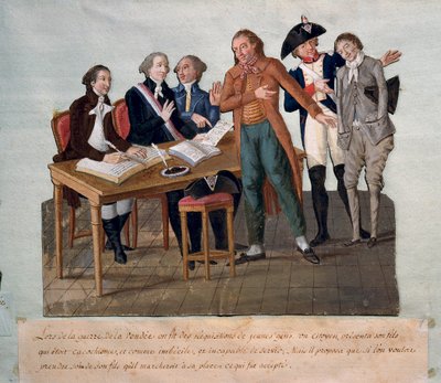 Vendee Savaşı için talepkar genç erkekler (bir baba, oğlunun hizmet edemediğini gösterir ve onun yerini alır). Lesueur kardeşler tarafından yapılan gravür (18. yüzyıl). Paris, Musee Karnavalı by Lesueur Brothers