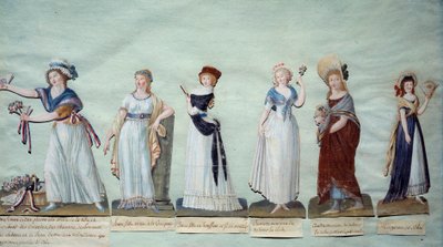Devrim sırasında kadınsı modayı temsil eden farklı genç kadınlar. Guaj des freres Lesueur (18. yüzyıl) Paris, Musee Carnavalet by Lesueur Brothers
