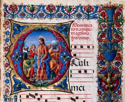 Piccolomini Kütüphanesi: koro kitabı, morina. 21.6, ff. 2r, Liberale da Verona (yaklaşık 1445 - 1527/9) tarafından “Kirli bir ruhtan çıkmak” ile. Detay. by Liberale da Verona