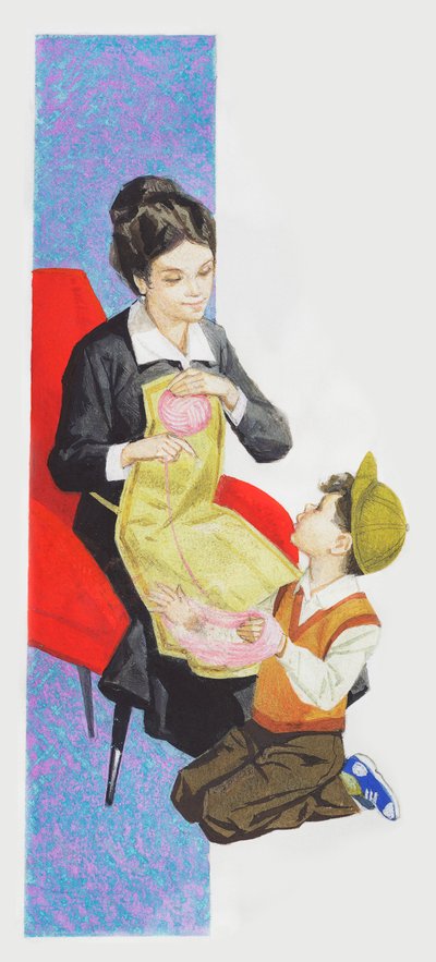 Çocuk annesine yün yumağı yapmasına yardım ediyor, çizim yapıyor. by Unbekannt Unbekannt