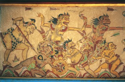 Tanrılar ve şeytanlar arasındaki savaş sahnelerini betimleyen freskler, Kertha Gosa pavyonu, Klungkung Sarayı (Puri Agung Semarapura), Semarapura, Bali, Endonezya by Unbekannt Unbekannt