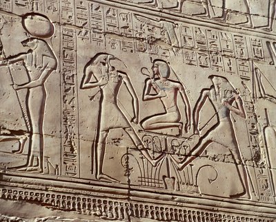 Tanrılara sunulan adakları tasvir eden iç duvar kabartmaları, tanrılar Thoth ve Horus ile genç Ramses II'yi gösteren detay by Unbekannt Unbekannt