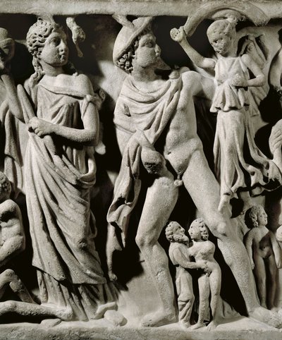Mermer lahit, Prometheus efsanesini tasvir eden kabartma, Ayrıntı, Hermes ve Parcae ya da Kaderlerden biri, Arles'tan by Unbekannt Unbekannt