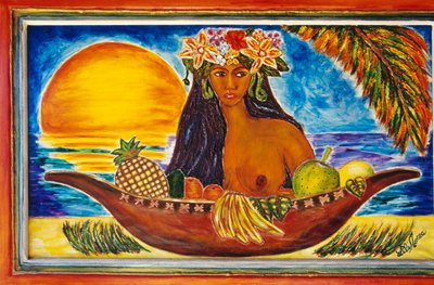 Polinezyalı kadını tasvir eden boyalı cam, Moorea adası, Society Adaları, Fransız Polinezyası (Fransız Cumhuriyeti
