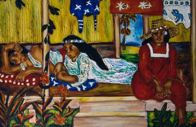 Polinezyalı kadınlar, vitray pencere, Moorea Adası, Toplum Adaları, Fransız Polinezyası, Fransız Cumhuriyeti
