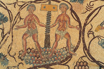 Şarap vidası presi, günlük yaşam sahneleri ile zemin mozaiği detayı, Saints Lot ve Procopius Kilisesi, Nebo, Khirbet al-Mukhayyat, Ürdün, Bizans uygarlığı, MS 6. yüzyıl by Unbekannt Unbekannt