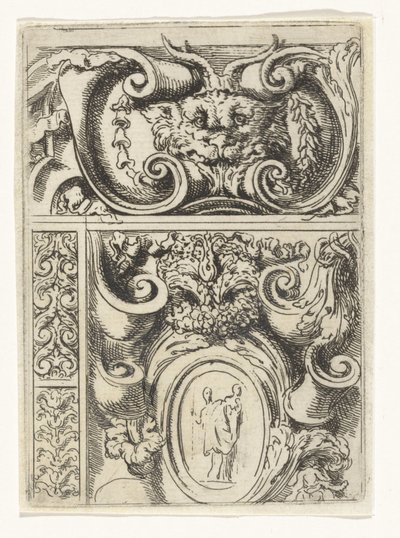 Hayvan başlı kartuş ve altında çocuklu Madonna ile kartuş Divertimenti di Livio Meus (dizi adı) by Lieven Mehus