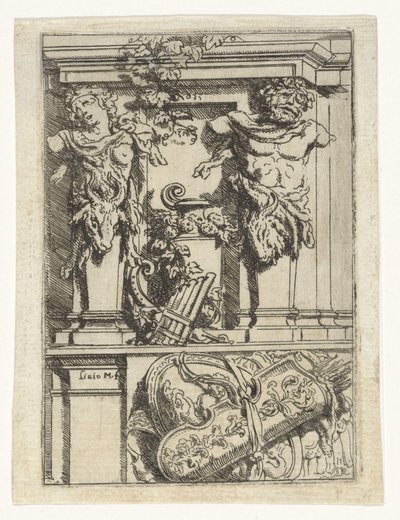 İki caryatid, bir pan flüt, bir yay ve ok ve bir kalkan Divertimenti di Livio Meus (dizi adı) by Lieven Mehus