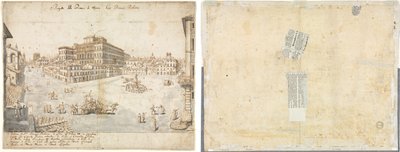 Onsekiz Roma Manzarası: Piazza Barberini (recto); Bir Çeşmenin Recto'dan İzlenmesi ve İki Yüz Eskizleri (ters) by Lievin Cruyl