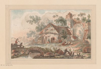 Ön planda bir köprüde bir adam ile harap bir şehir kapısının önünde ev by Liger (attributed to)