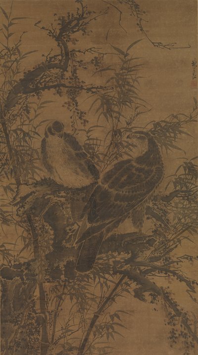 15. yüzyılın ortalarında bir çalılıkta iki şahin. by Lin Liang