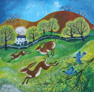 Springtime Hares, 2025 (keten üzerine akrilik) by Lisa Graa Jensen