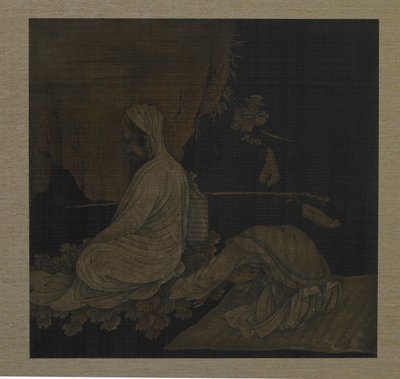 Bodhidharma meditasyon yapıyor, secdeye kapanmış görevli, Qing hanedanı, c.1708 ipek üzerine mürekkep ve renk by Liu Hualiang