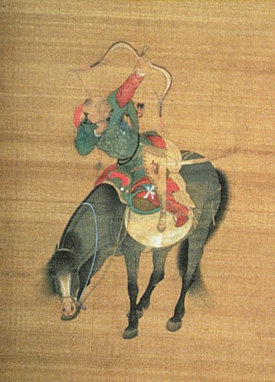 Kubilay Han (1214-94) Avcılık (detay), Yuan hanedanı (ipek üzerine mürekkep ve renk) (bkz. 150417) by Liu Kuan tao